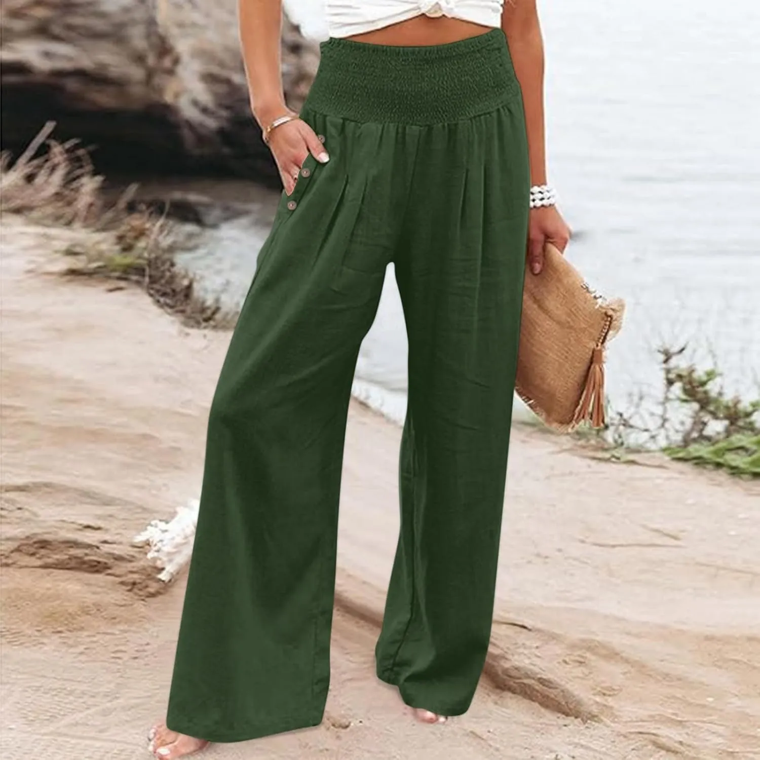 Women Linen Palazzo Pant Summer Boho Pants High Waist Pants Wide Leg Pants Cotton Flowy Trousers with Pocket