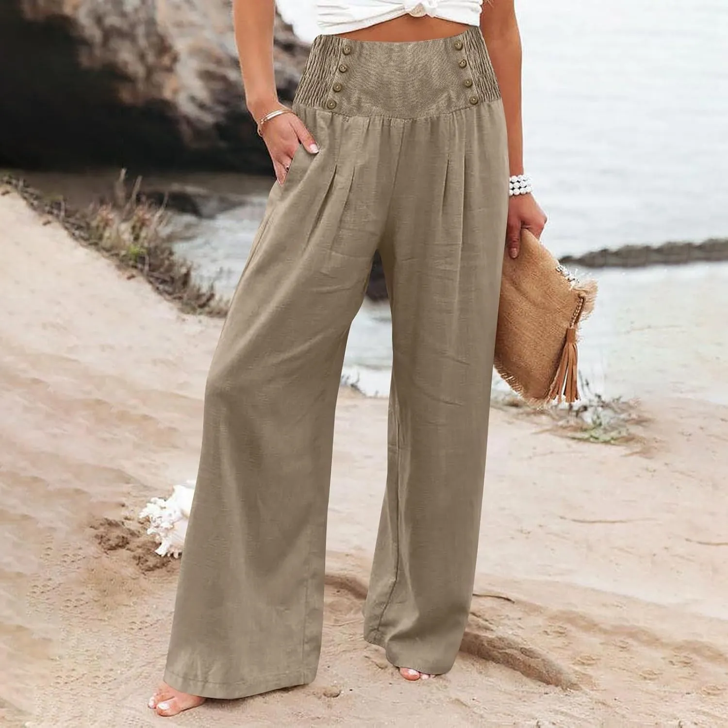 Women Linen Pants Comfy Flowy Wide Leg Pant Trousers Summer High Waisted Beach Palazzo Pants with Pockets