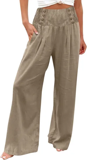 Women Linen Pants Comfy Flowy Wide Leg Pant Trousers Summer High Waisted Beach Palazzo Pants with Pockets