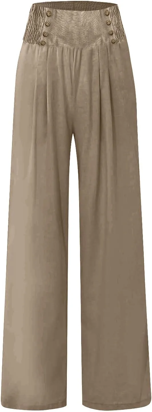 Women Linen Pants Comfy Flowy Wide Leg Pant Trousers Summer High Waisted Beach Palazzo Pants with Pockets