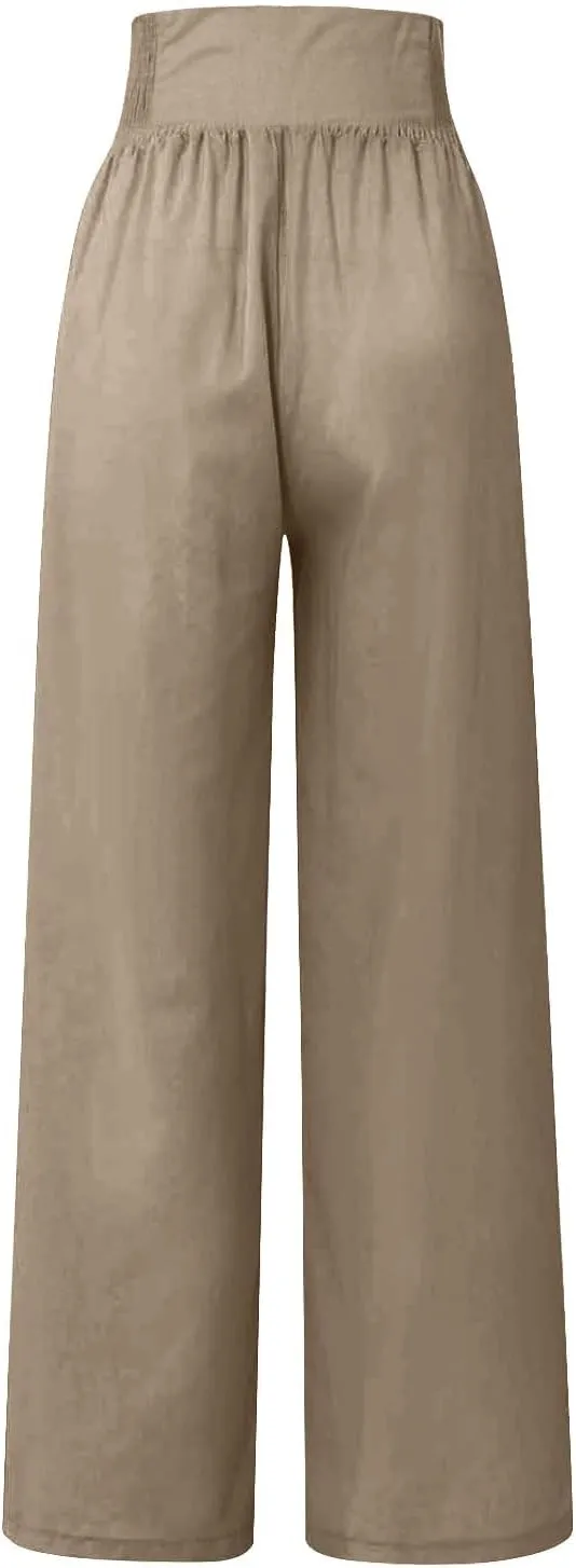 Women Linen Pants Comfy Flowy Wide Leg Pant Trousers Summer High Waisted Beach Palazzo Pants with Pockets