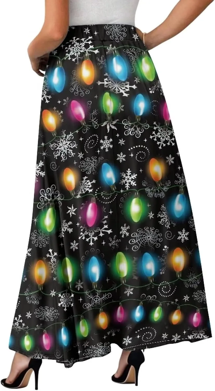 Women Long Maxi Skirt Casual High Waiste Dress Home Travelling Party Skirt with Double Pockets