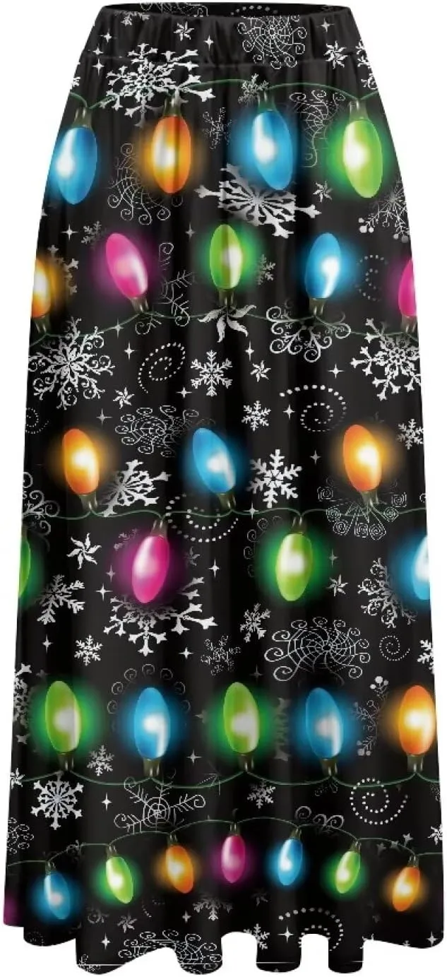 Women Long Maxi Skirt Casual High Waiste Dress Home Travelling Party Skirt with Double Pockets