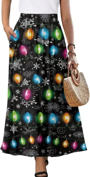 Women Long Maxi Skirt Casual High Waiste Dress Home Travelling Party Skirt with Double Pockets
