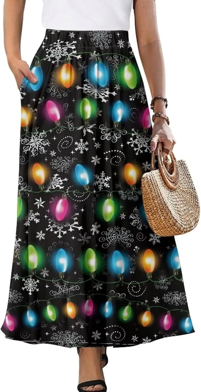 Women Long Maxi Skirt Casual High Waiste Dress Home Travelling Party Skirt with Double Pockets