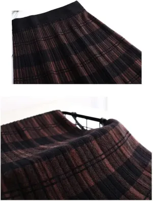Women Long Plaid Knitted Pleated Skirt High Waist A-Line Swing Skirts Vintage Fashion Weekend Skirts Work Skirts