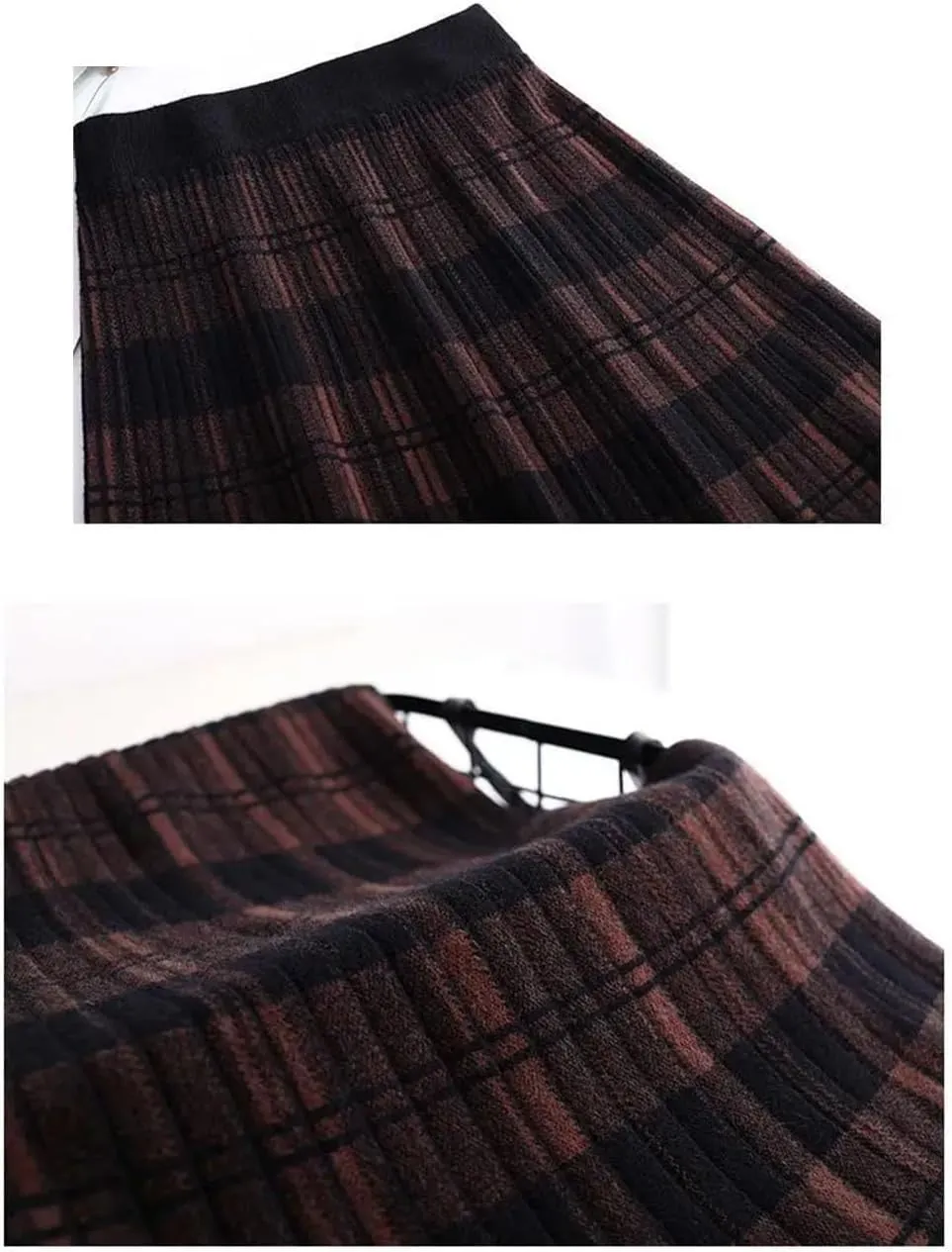 Women Long Plaid Knitted Pleated Skirt High Waist A-Line Swing Skirts Vintage Fashion Weekend Skirts Work Skirts
