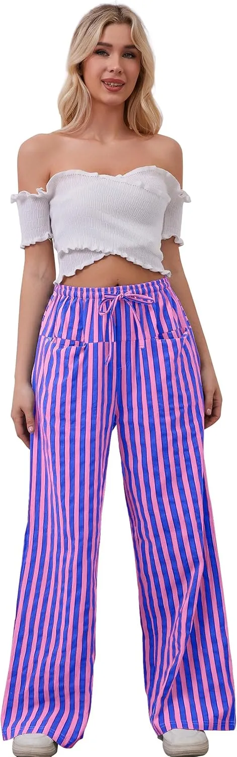 Women Loose Striped Wide Leg Pants Casual Drawstring Low Waist Pants Baggy Contrast Lounge Pants Straight Leg Trouser