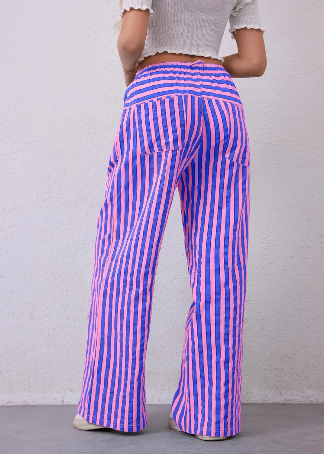 Women Loose Striped Wide Leg Pants Casual Drawstring Low Waist Pants Baggy Contrast Lounge Pants Straight Leg Trouser