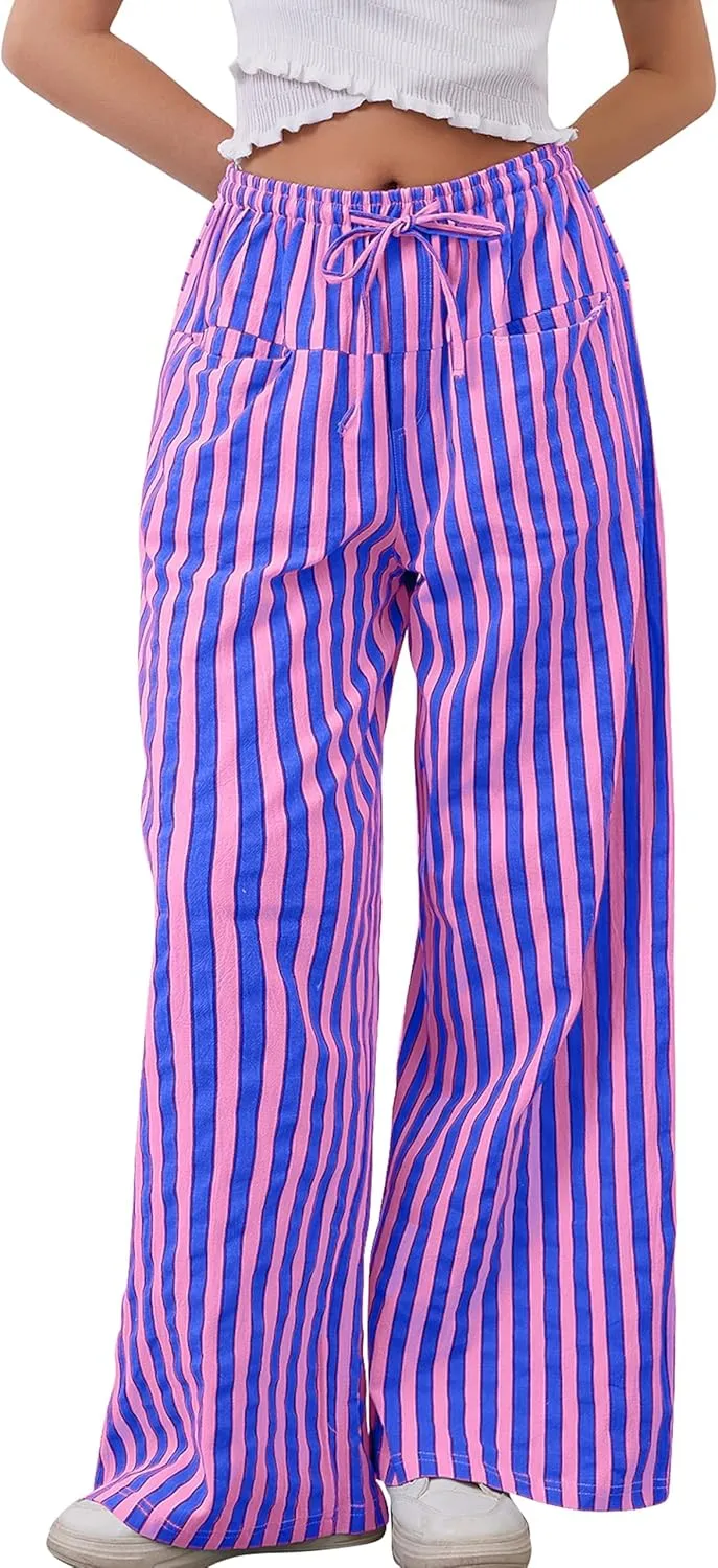 Women Loose Striped Wide Leg Pants Casual Drawstring Low Waist Pants Baggy Contrast Lounge Pants Straight Leg Trouser