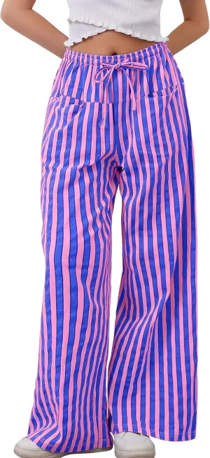 Women Loose Striped Wide Leg Pants Casual Drawstring Low Waist Pants Baggy Contrast Lounge Pants Straight Leg Trouser