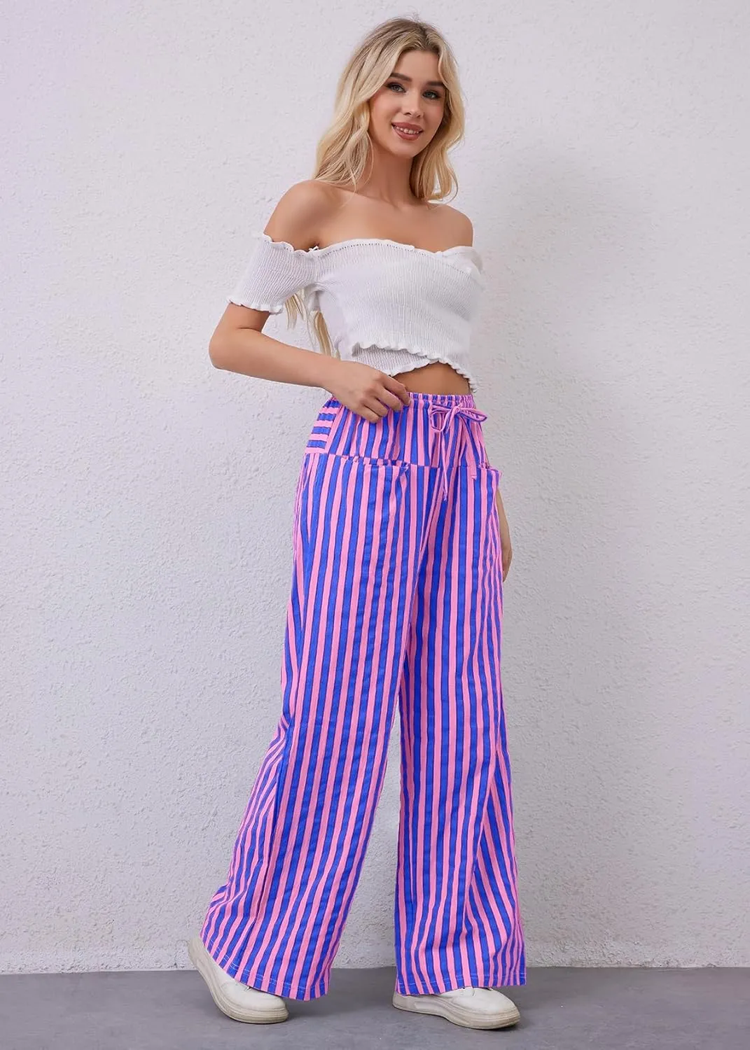 Women Loose Striped Wide Leg Pants Casual Drawstring Low Waist Pants Baggy Contrast Lounge Pants Straight Leg Trouser