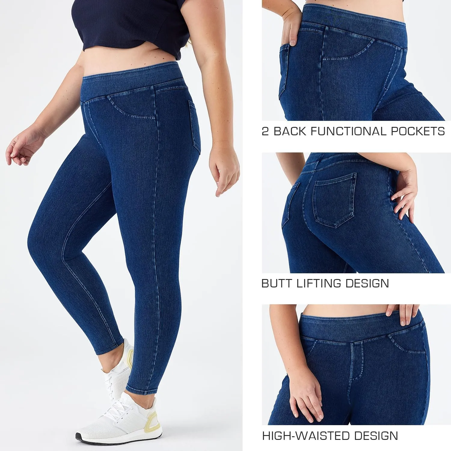 Women Plus Size 1X-4X High Waist Knit Denim Jegging Tummy Control Stretch Jean Pull-On Pant