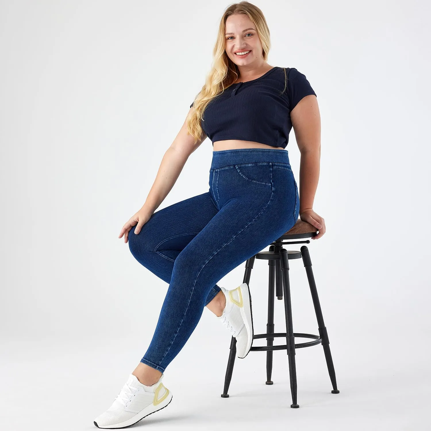 Women Plus Size 1X-4X High Waist Knit Denim Jegging Tummy Control Stretch Jean Pull-On Pant