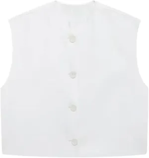 Women Solid Color Vest O-Neck Single Breasted Sleeveless Crop Top Casual Camisole