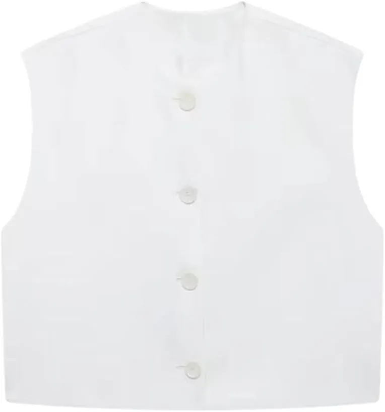 Women Solid Color Vest O-Neck Single Breasted Sleeveless Crop Top Casual Camisole