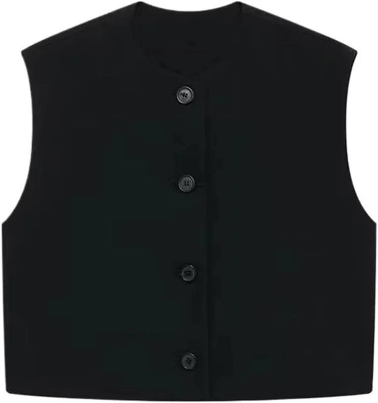 Women Solid Color Vest O-Neck Single Breasted Sleeveless Crop Top Casual Camisole