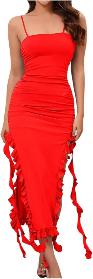 Women Spaghetti Strap Dresses Bodycon Tube Dress Sexy Lace Ruffle Wedding Cocktail Midi Dresses Club Party Dress