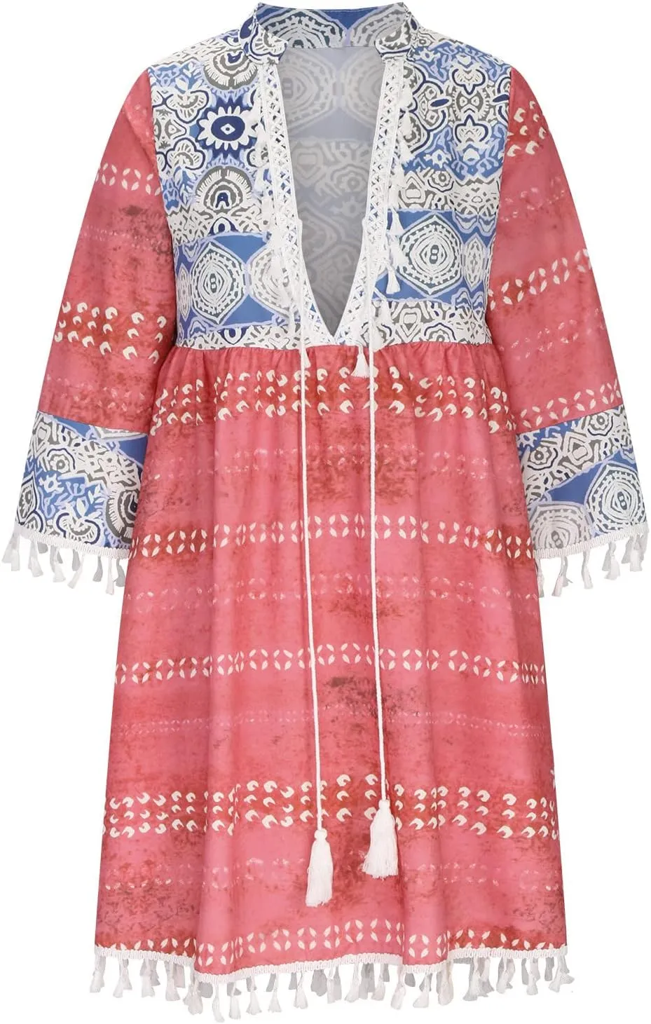 Women Summer Dresses Casual V Neck 3/4 Long Sleeve Dress Ruffle Floral Flowy Boho Babydoll Mini Short Beach Dress