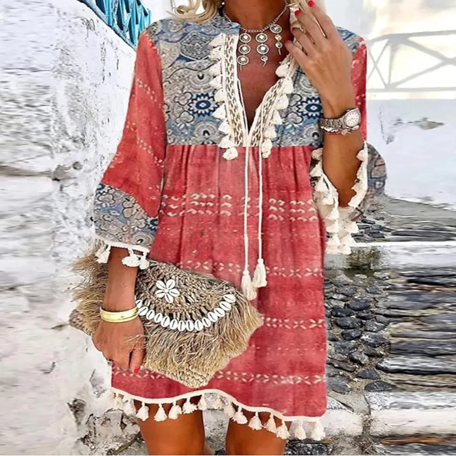 Women Summer Dresses Casual V Neck 3/4 Long Sleeve Dress Ruffle Floral Flowy Boho Babydoll Mini Short Beach Dress