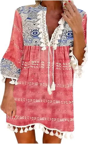 Women Summer Dresses Casual V Neck 3/4 Long Sleeve Dress Ruffle Floral Flowy Boho Babydoll Mini Short Beach Dress