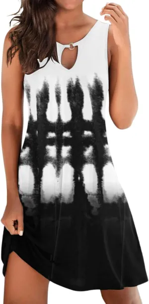 Women Summer Loose Dress Sleeveless Floral Print V Neck Hollow Out Sundress Casual Beach Dress Mini Dress Sundress