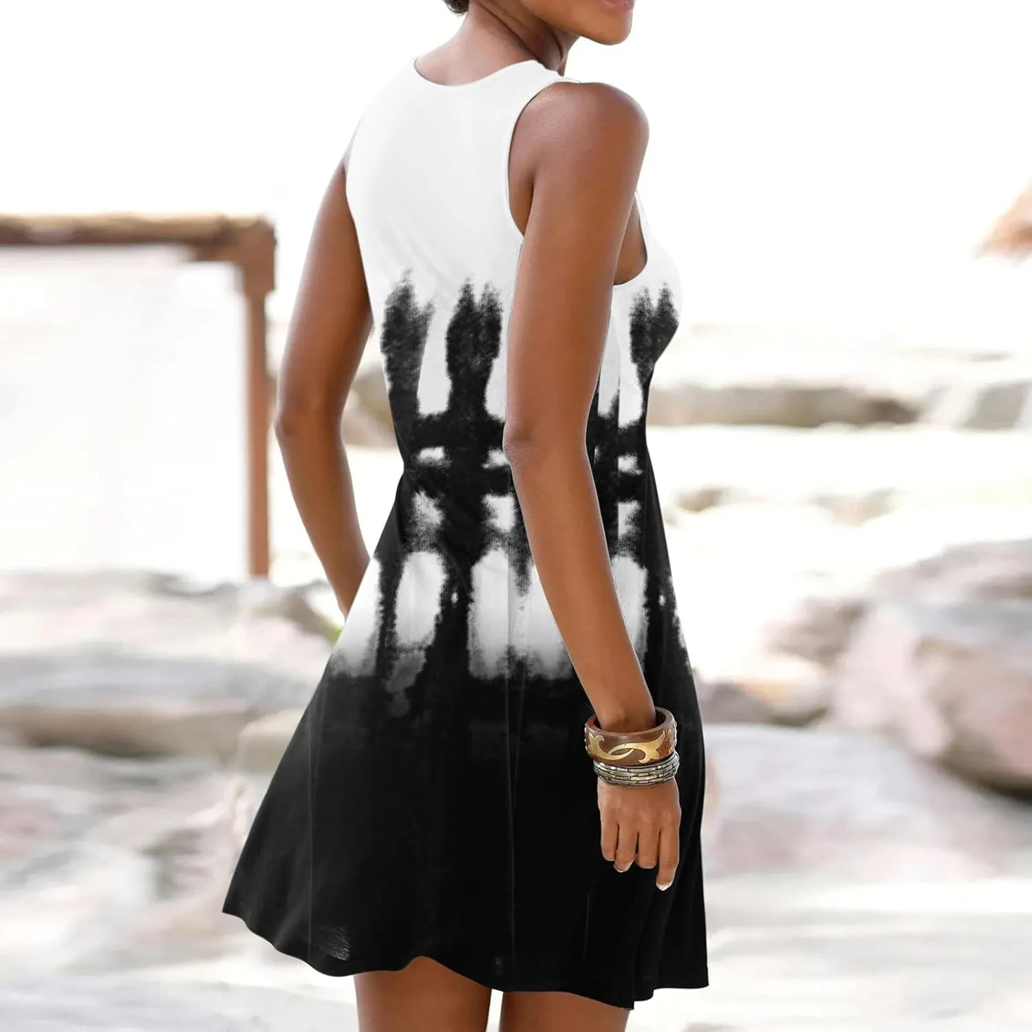 Women Summer Loose Dress Sleeveless Floral Print V Neck Hollow Out Sundress Casual Beach Dress Mini Dress Sundress