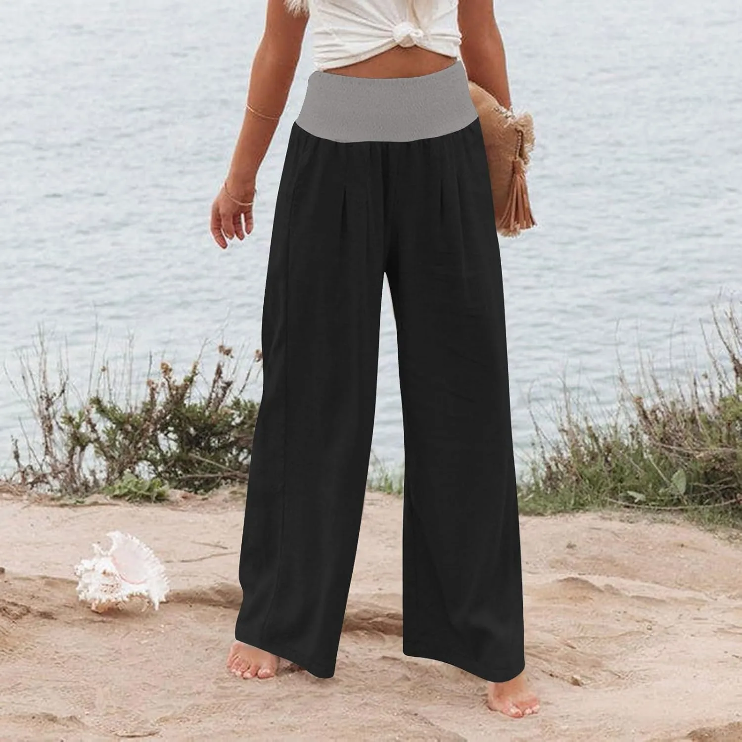 Women Summer Palazzo Pants High Waisted Cotton Linen Pant High Waisted Wide Leg Pants Boho Lounge Trousers