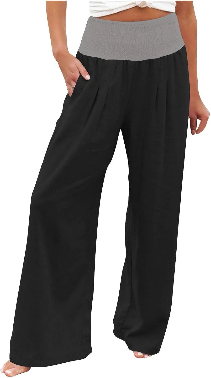 Women Summer Palazzo Pants High Waisted Cotton Linen Pant High Waisted Wide Leg Pants Boho Lounge Trousers