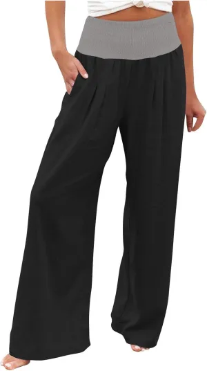 Women Summer Palazzo Pants High Waisted Cotton Linen Pant High Waisted Wide Leg Pants Boho Lounge Trousers