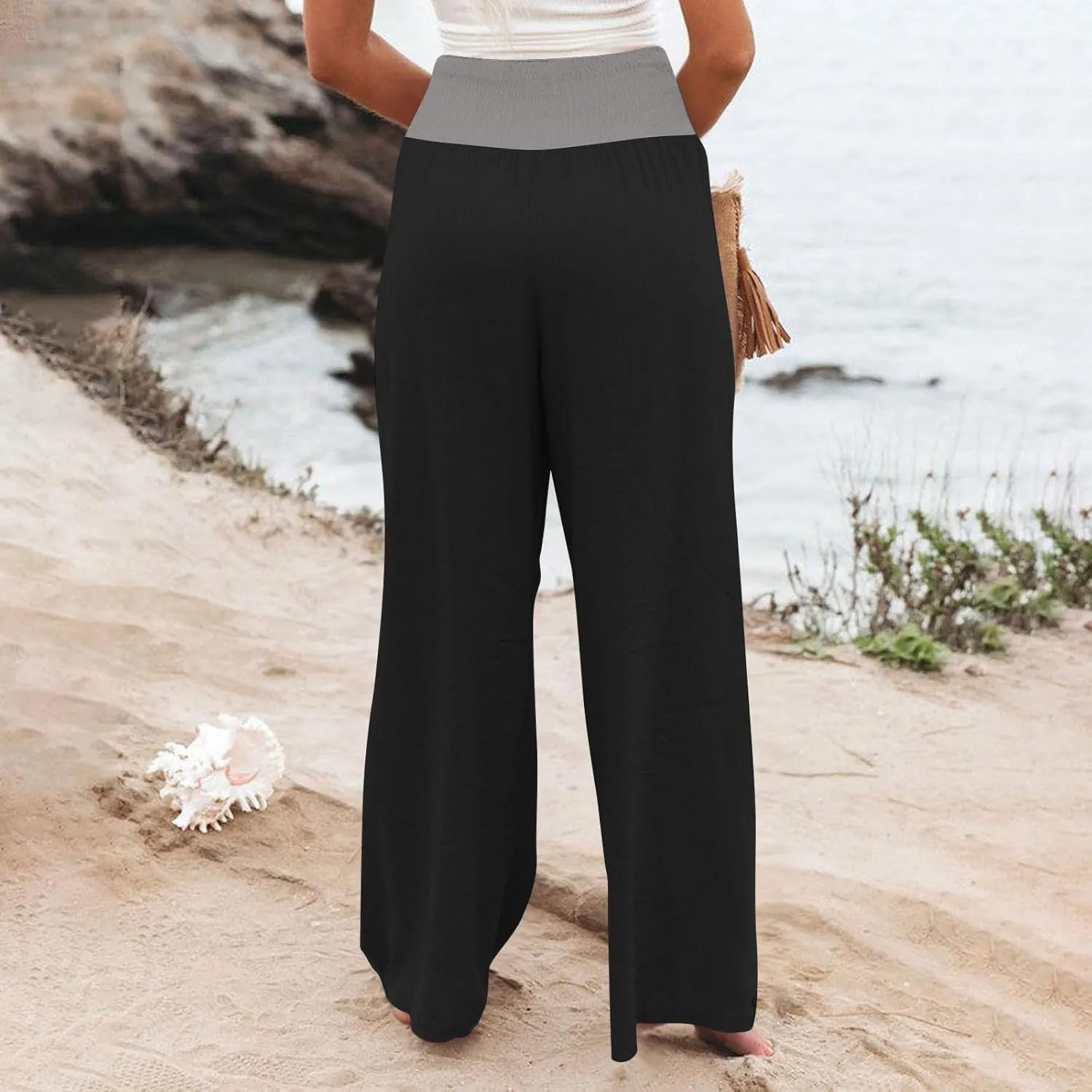 Women Summer Palazzo Pants High Waisted Cotton Linen Pant High Waisted Wide Leg Pants Boho Lounge Trousers