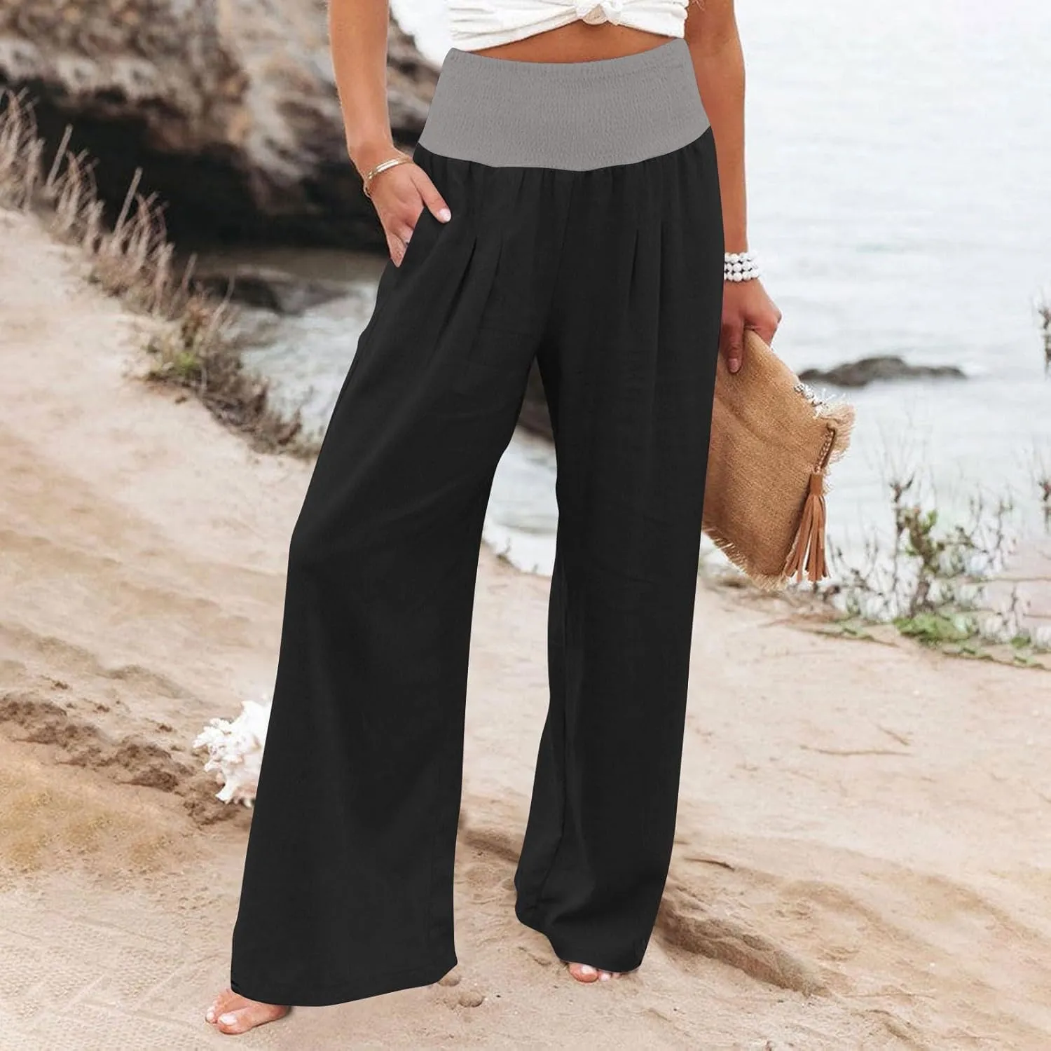 Women Summer Palazzo Pants High Waisted Cotton Linen Pant High Waisted Wide Leg Pants Boho Lounge Trousers
