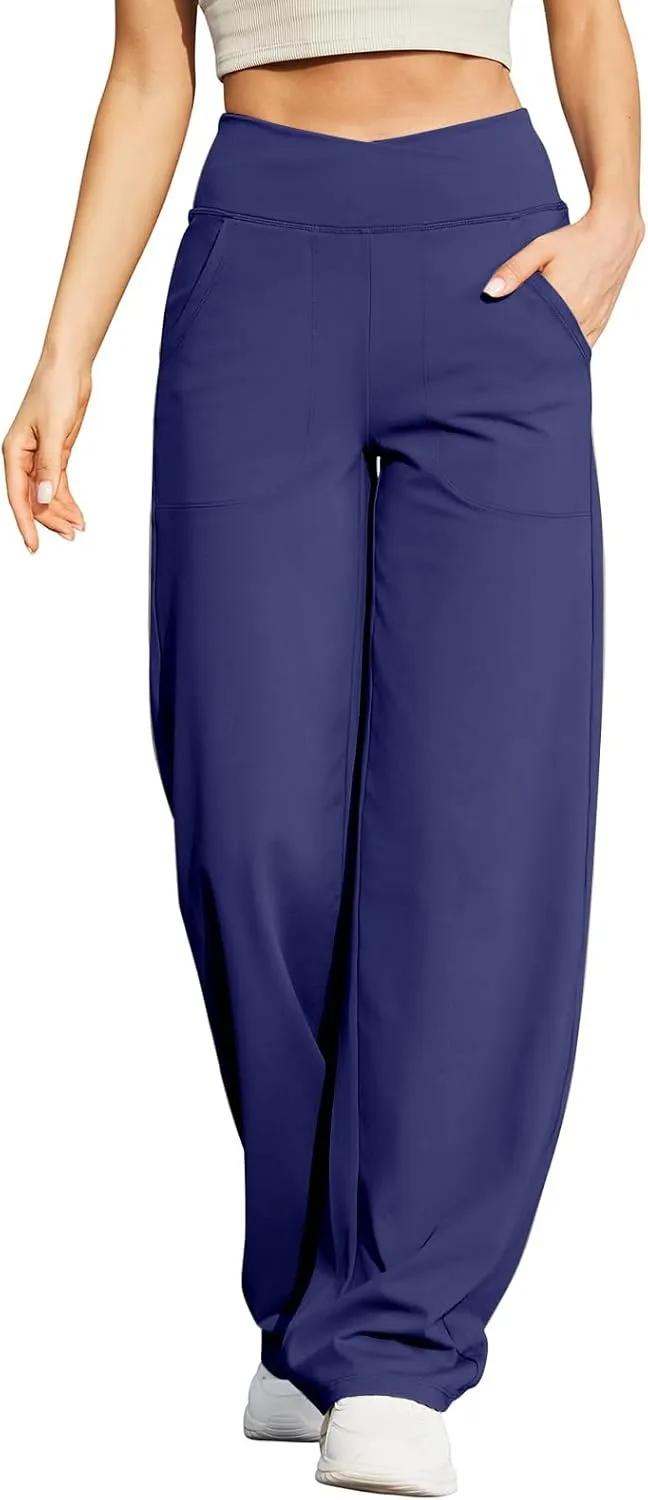 Women Wide Leg Yoga Pants Crossover Yoga Pants with Pockets Tummy Control Flare Leggings Lounge Athletic Pants