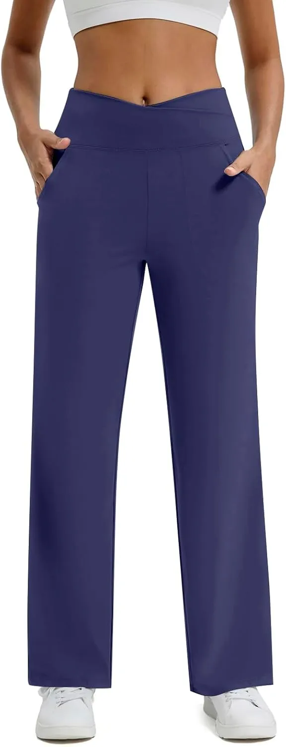 Women Wide Leg Yoga Pants Crossover Yoga Pants with Pockets Tummy Control Flare Leggings Lounge Athletic Pants