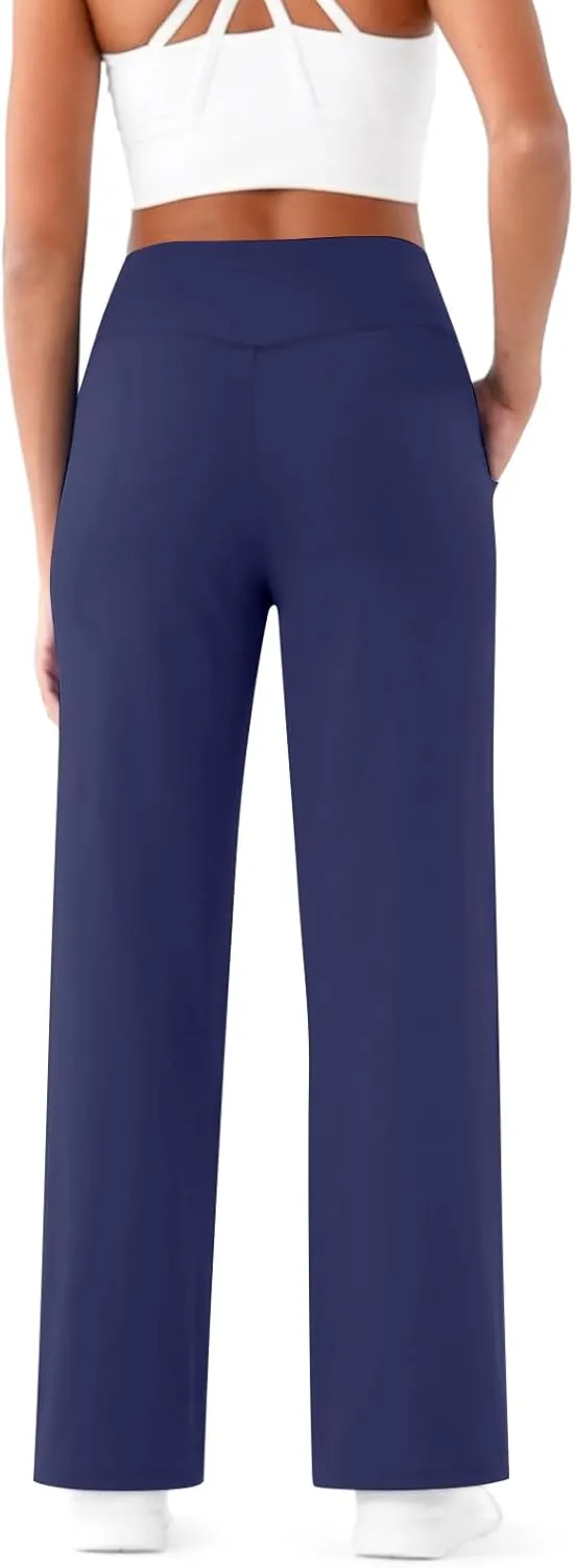 Women Wide Leg Yoga Pants Crossover Yoga Pants with Pockets Tummy Control Flare Leggings Lounge Athletic Pants