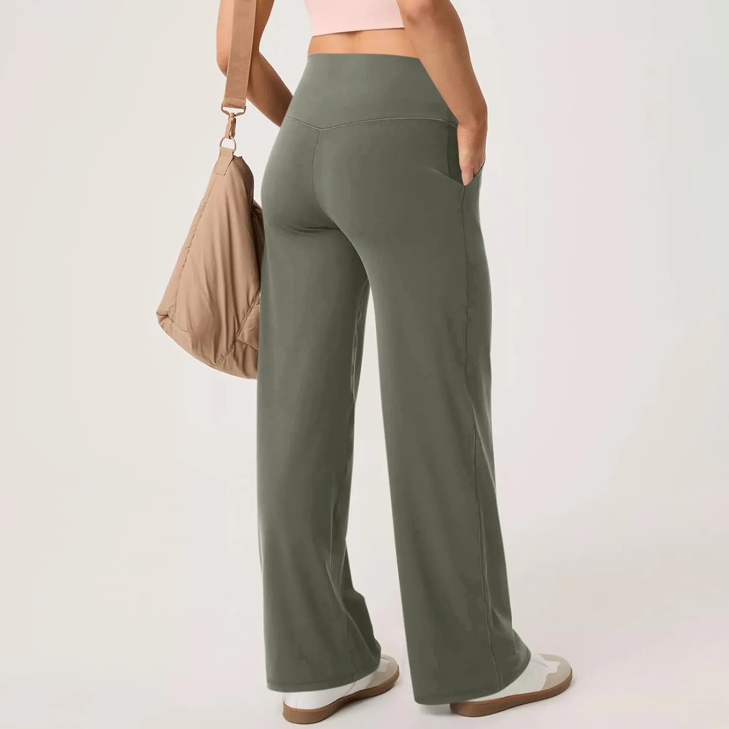 Women Wide Leg Yoga Pants with Pockets Stretch Straight Leg Dress Pant Tummy Control Flare Leggings Athletic Pant