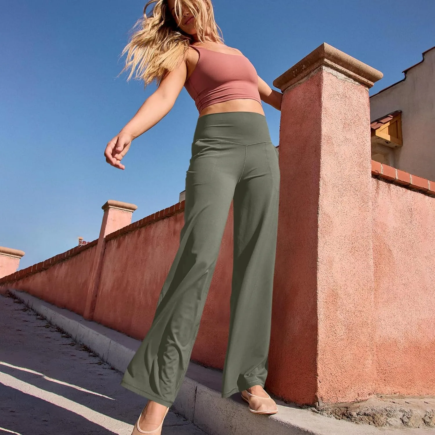 Women Wide Leg Yoga Pants with Pockets Stretch Straight Leg Dress Pant Tummy Control Flare Leggings Athletic Pant