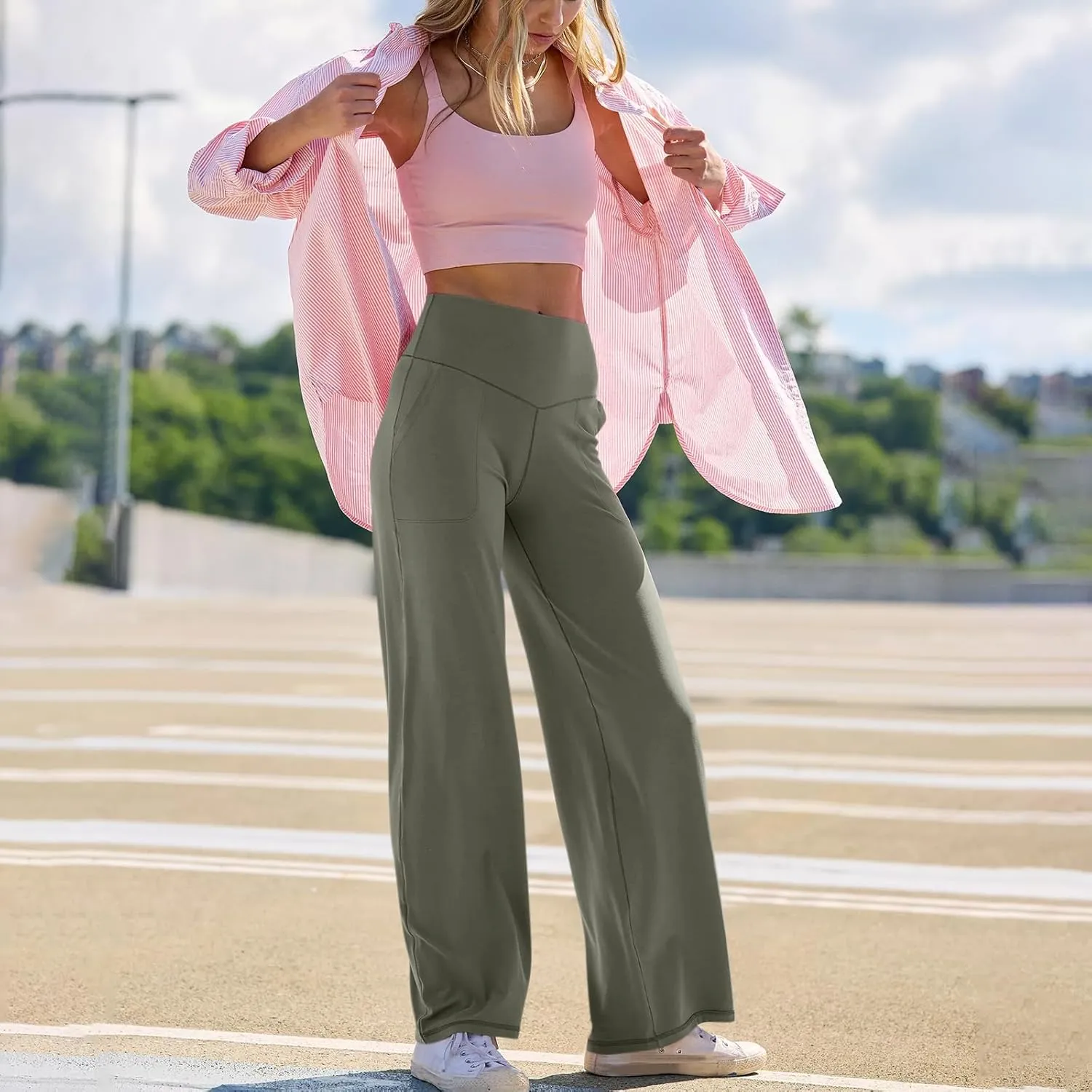 Women Wide Leg Yoga Pants with Pockets Stretch Straight Leg Dress Pant Tummy Control Flare Leggings Athletic Pant
