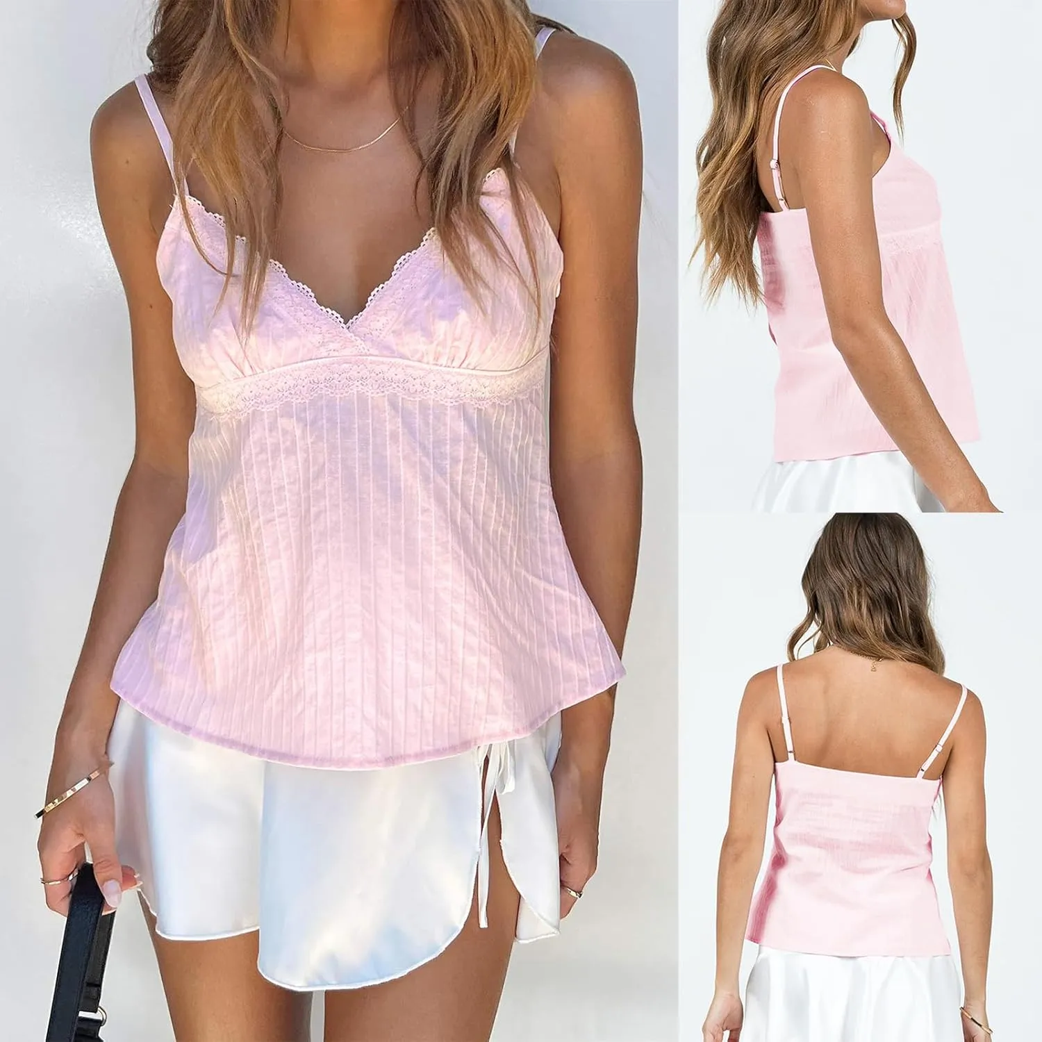 Women Y2k V Neck Camisole Tank Top Spaghetti Straps Lace Patchwork Summer Tops for Party Club