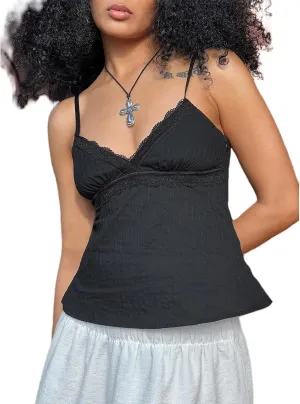 Women Y2k V Neck Camisole Tank Top Spaghetti Straps Lace Patchwork Summer Tops for Party Club