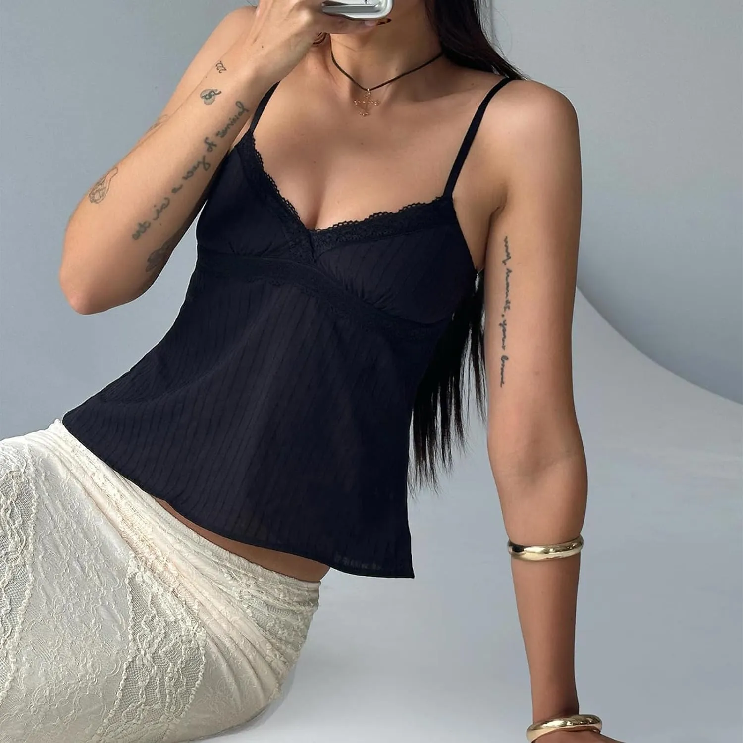 Women Y2k V Neck Camisole Tank Top Spaghetti Straps Lace Patchwork Summer Tops for Party Club