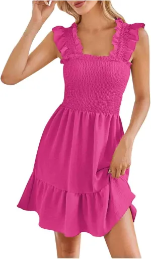 Women's 2024 Summer Boho Spaghetti Strap Mini Dress Square Neck Solid Color Ruffle Tiered A Line Beach Short Dress