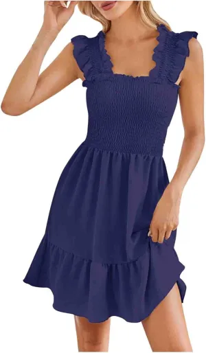 Women's 2024 Summer Boho Spaghetti Strap Mini Dress Square Neck Solid Color Ruffle Tiered A Line Beach Short Dress
