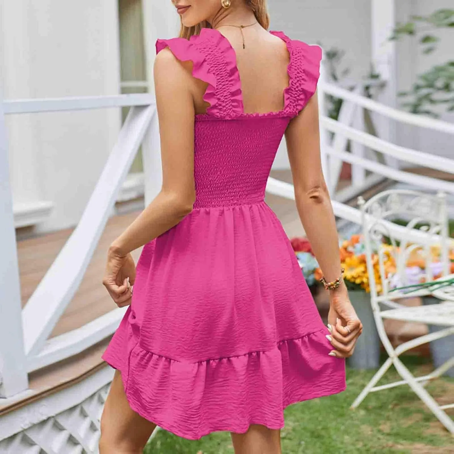 Women's 2024 Summer Boho Spaghetti Strap Mini Dress Square Neck Solid Color Ruffle Tiered A Line Beach Short Dress
