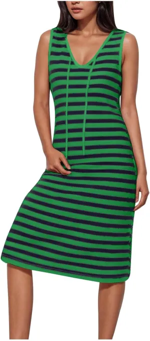 Women's 2025 Summer V Neck Striped Color Block Tank Dress Sleeveless Side Slit Casual Midi Beach Vacation Sundress