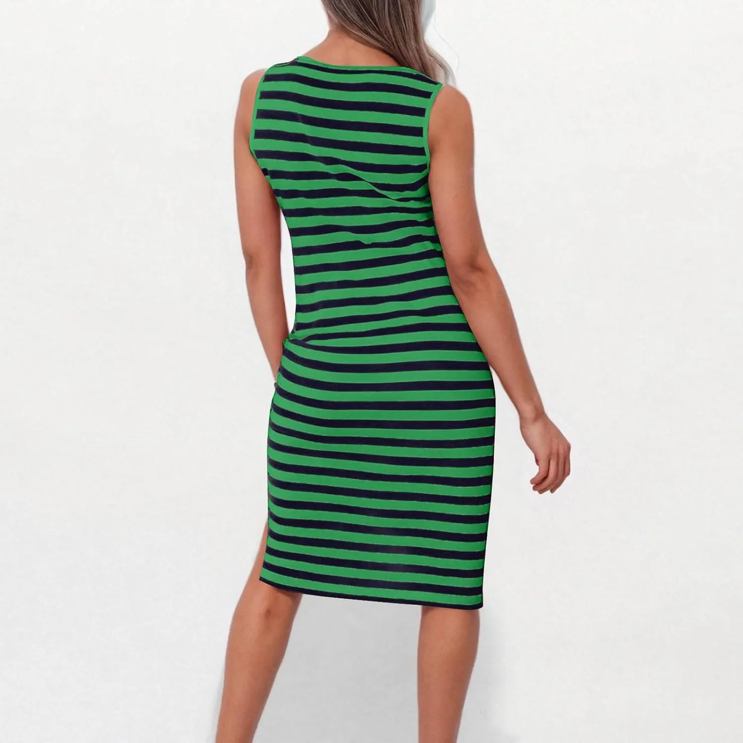 Women's 2025 Summer V Neck Striped Color Block Tank Dress Sleeveless Side Slit Casual Midi Beach Vacation Sundress