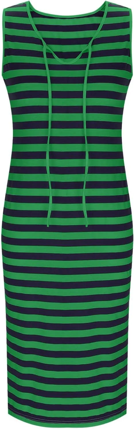 Women's 2025 Summer V Neck Striped Color Block Tank Dress Sleeveless Side Slit Casual Midi Beach Vacation Sundress