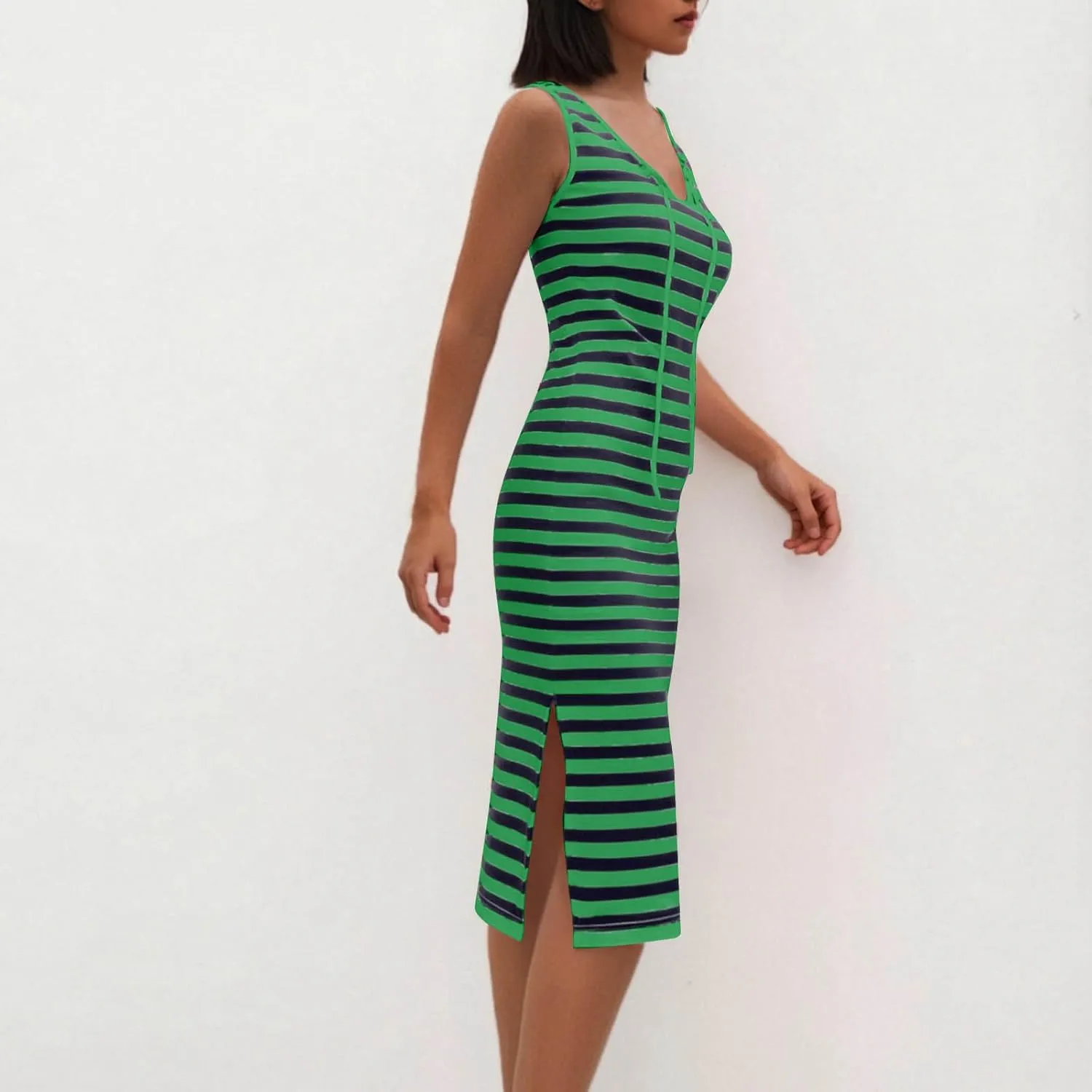Women's 2025 Summer V Neck Striped Color Block Tank Dress Sleeveless Side Slit Casual Midi Beach Vacation Sundress