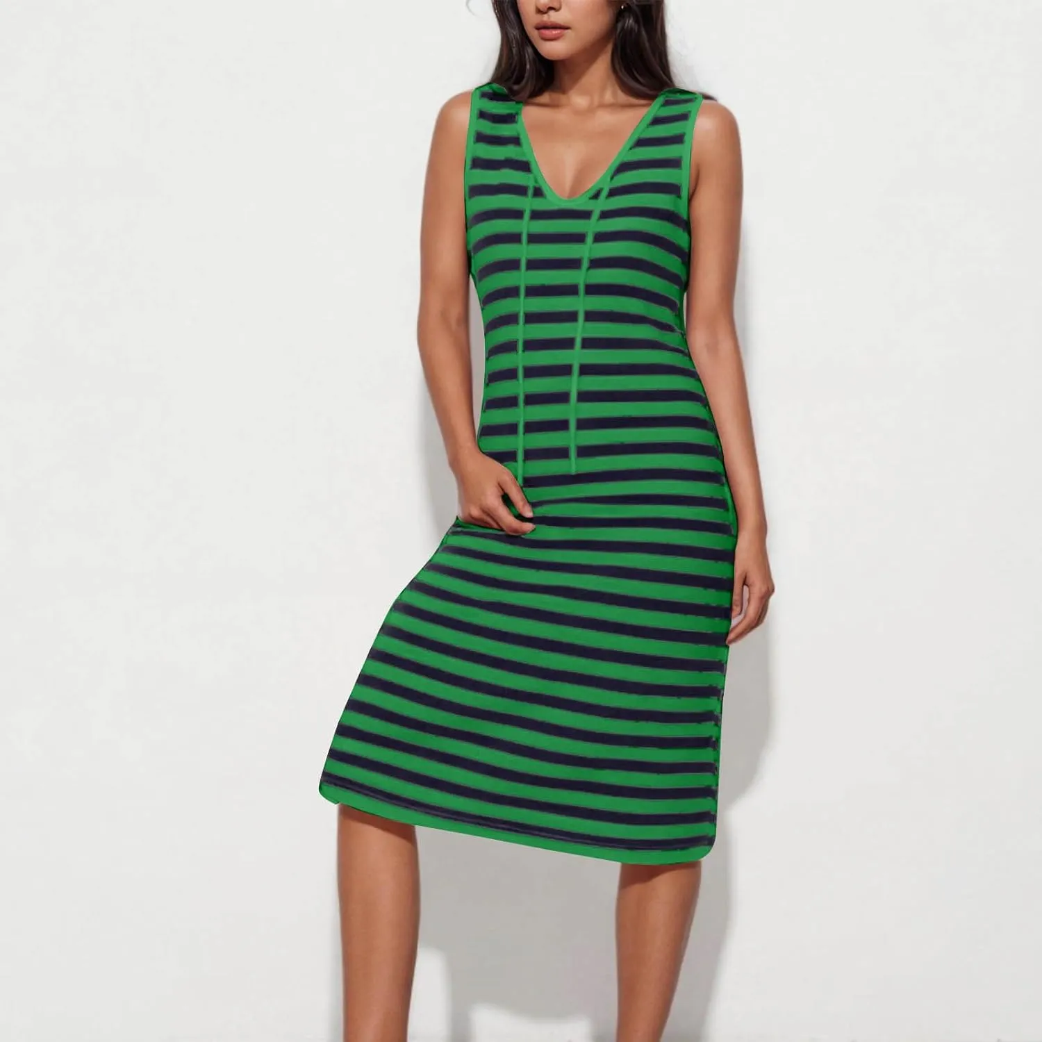Women's 2025 Summer V Neck Striped Color Block Tank Dress Sleeveless Side Slit Casual Midi Beach Vacation Sundress