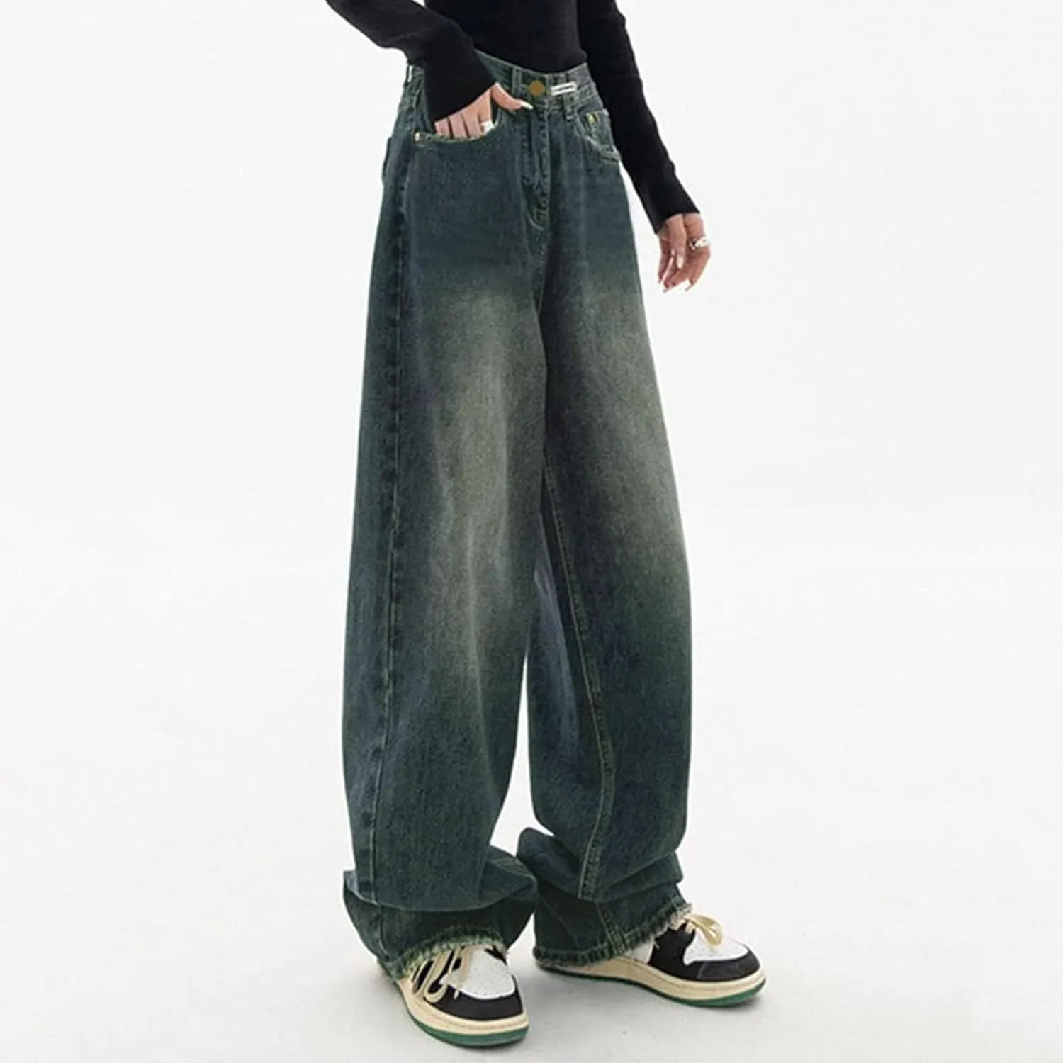 Women's Baggy Jeans Girls Vintage Streetwear Pants Aesthetic Clothing Ripped Baggy High Waisted Trousers with Pockets